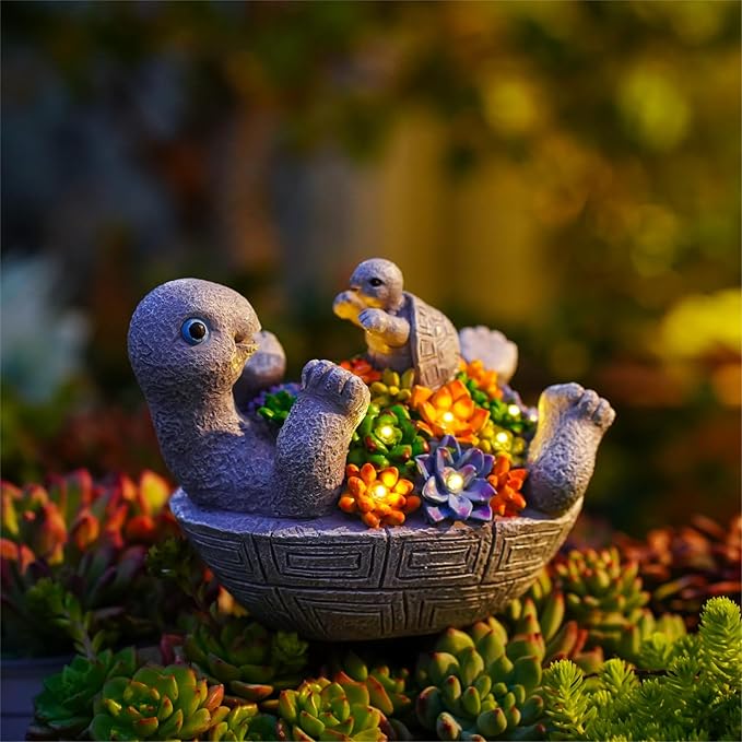 Pohabery Solar Turtle Figurines Garden Decor, Cute Turtle Statue with Baby with 7 LED Solar Lights Garden Lawn Decorations for Patio & Yard, Gifts for Mom, Gery