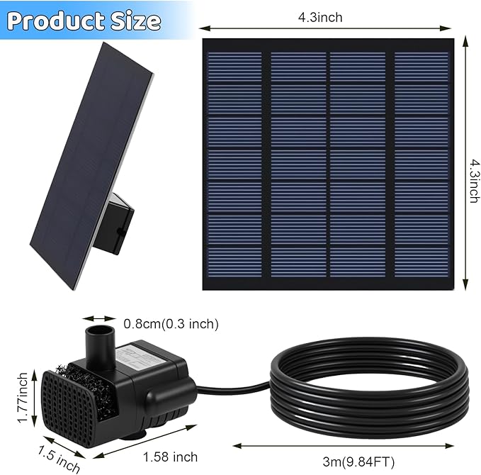Yeomi Solar Pump for Fountain, 1.8W Outdoor Solar Water Pump with Separate Solar Panel & 9.84Ft Cable, Built-in Filter, Solar Water Fountain for Garden Patio Pond Decoration