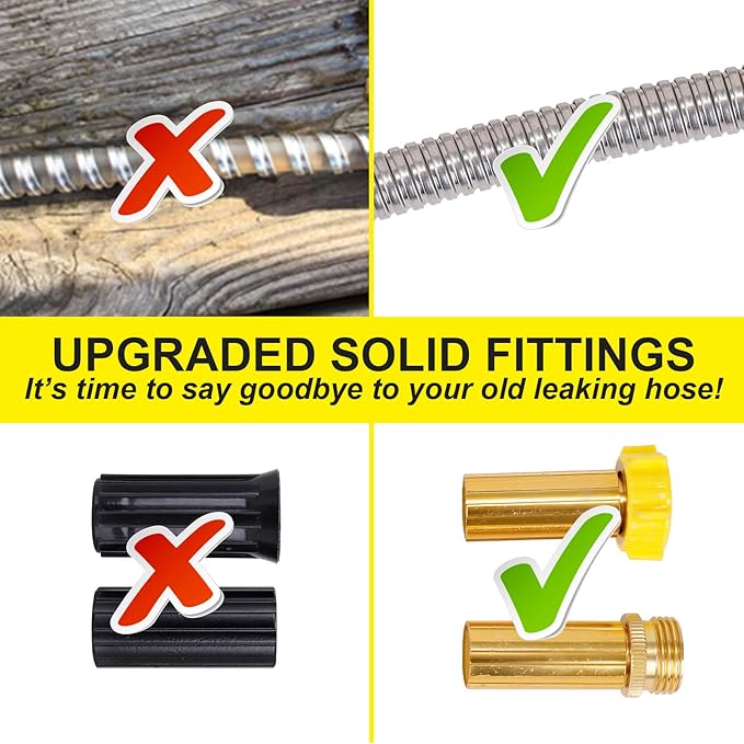 FOXEASE Metal Garden Hose 50FT - Stainless Steel Heavy Duty Water Hose with Metal Nozzle & 8 Function Sprayer, Portable & Lightweight Kink Free Yard Hose, Outdoor Hose