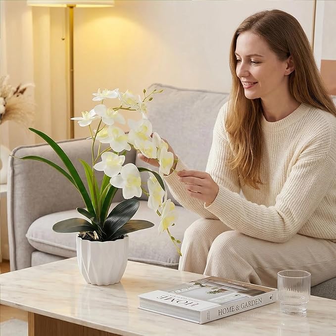 Artificial Orchid Potted Plant, White Fake Orchid Flowers with White Pot, Bendable Faux Phalaenopsis Flower Arrangement for Home Office Table Centerpiece Wedding Party Bathroom Decor