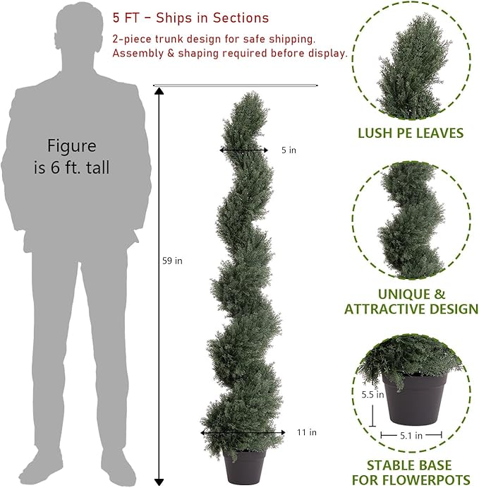 THE BLOOM TIMES 5ft Spiral Artificial Topiary Trees Set of 2, Faux Cedar Trees for Outdoor Planters - Fake Twist Cypress Plants for Garden Front Porch Indoor Outside Christmas Decor 5 Foot