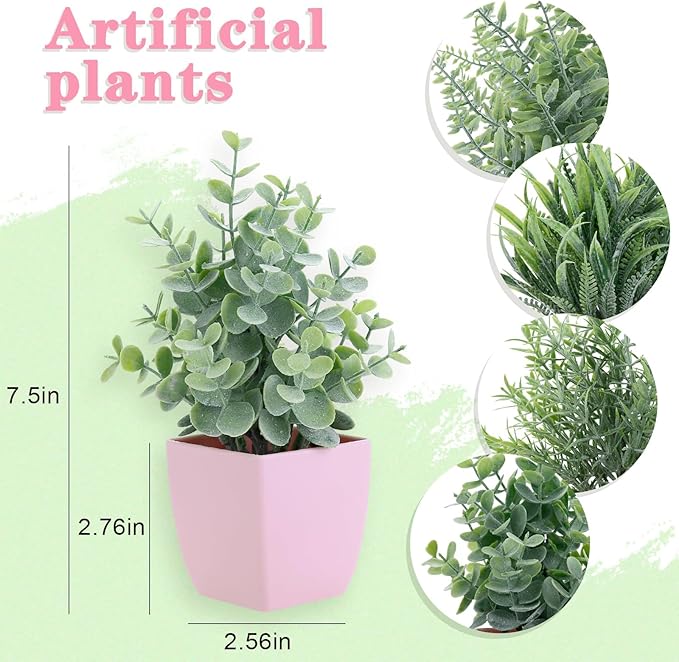 summer flower 4 Pack Small Fake Plants in Pink Pot Artificial Plant Indoor Eucalyptus Wheat Grass Ferns Rosemary Faux Greenery for Room Decor Home Office Desk Bathroom Kitchen Living Room Decorations