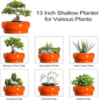 Bonsai Pots - 13 Inch Ceramic Succulent Pots with Drainage Hole and Saucer, Shallow Planter for Indoor Outdoor, Bonsai Planters, Large Planter Bowl, Porch Decor, Gift for Plant Lover, Orange