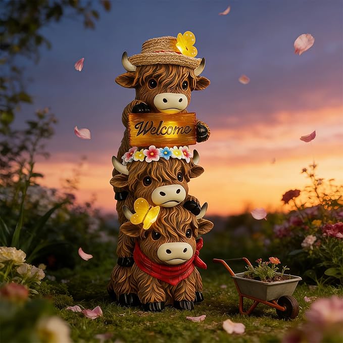 Glintoper Solar Garden Highland Cow Statue, 12" Outdoor Spring Decoration Lighted Triple Stacked Resin Cow Whimsical Yard Art, Birthday Mothers Day Ideal Gifts, for Summer Porch Pathway Patio Lawn