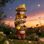Glintoper Solar Garden Highland Cow Statue, 12" Outdoor Spring Decoration Lighted Triple Stacked Resin Cow Whimsical Yard Art, Birthday Mothers Day Ideal Gifts, for Summer Porch Pathway Patio Lawn