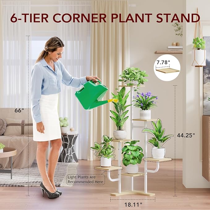 Homsorout Corner Plant Stand with Grow Light - 6 Tier Plant Stand Indoor Square Metal Plant Shelf with Adjustable Light, Plant Organizer for Living Room, Graden, Home Decor (Maple)