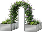 FOOWIN Raised Garden Bed with Arch Trellis for Climbing Plants,Galvanized Raised Garden Bed,Planter Boxes Outdoor for Vegetables Flowers Herb,478 Gallon Capacity Silver