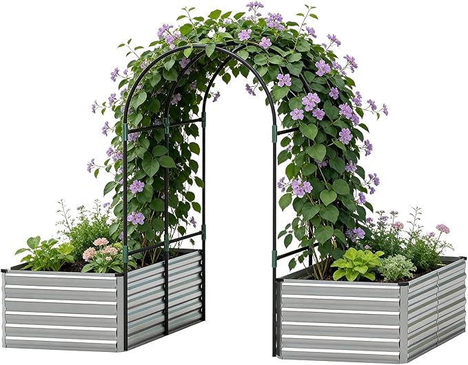 FOOWIN Raised Garden Bed with Arch Trellis for Climbing Plants,Galvanized Raised Garden Bed,Planter Boxes Outdoor for Vegetables Flowers Herb,478 Gallon Capacity Silver