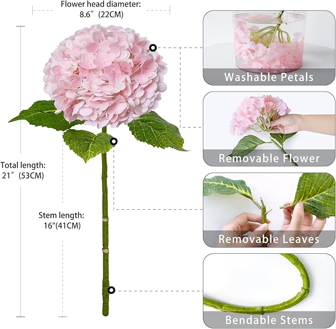 ZYTUYO Pink Hydrangea Artificial Flower 3 PCS 21in Real Touch Large Hand Feel Moisturizing Latex Flower Head with Long Stem for Wedding Decor Home Floral Arrangement Table Centerpieces