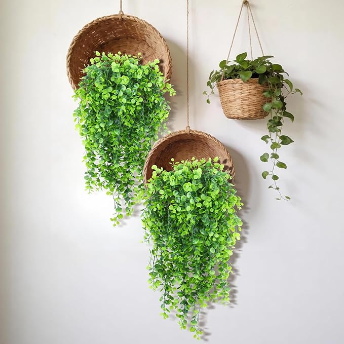 INQCMY Artificial Outdoor Plants Fake Hanging Greenery for Spring Summer Decoration, 4 pcs Realistic Faux Hanging Eucalyptus for Home Outside Garden Porch Patio Planters Basket