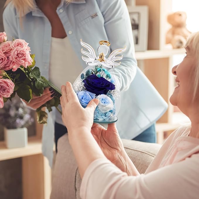 FIACO Gifts for Women Birthday Preserved Rose Forever Flower in Glass Angel Figurines Fresh Flowers for Delivery Prime for Mom Real Roses for Grandma Sister Wife Her from Daughter