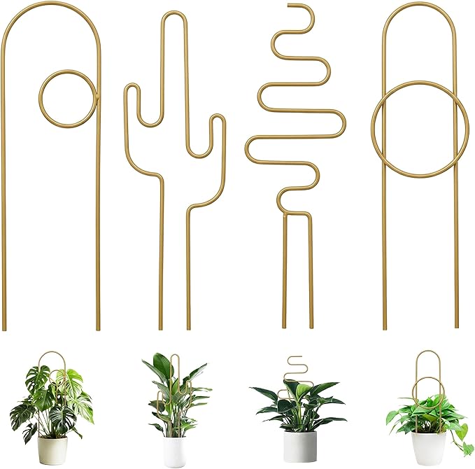 Small Plant Trellis for Climbing Plants Indoor - 13.8 Inch Trellis Indoor with Different Patterns for Vine Ivy Flower Plant Support, Metal Garden Trellis for Potted Plants, Set of 4 (Gold)