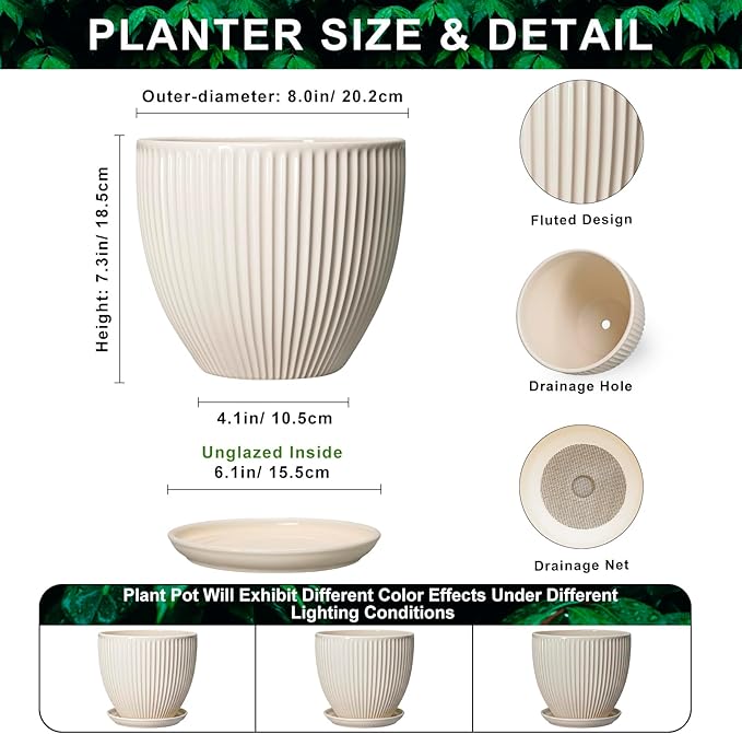 Ceramic Flower Pots, 8 Inch Plant Pot with Drainage Hole and Saucer, Modern Planters for Indoor Plants, Round Indoor Pots for Plants, Office Home Decor, Plant Lover Gifts, Cream White