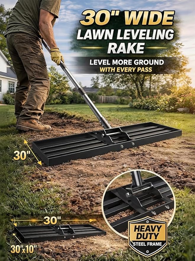 30x10 inch Lawn Leveling Rake, Yumatum 72" Effort Saving Lawn Leveler Tool, Stainless Steel Handle Lawn Leveler for Golf Course Yard Pasture Garden, Professional Lawn Care Landscape Rake