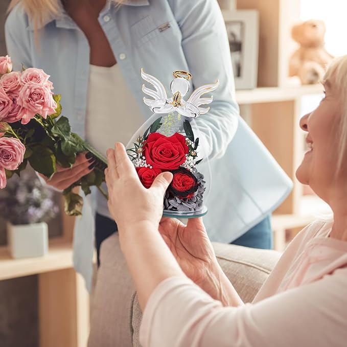 FIACO Gifts for Women Preserved Rose Forever Flower in Glass Angel Figurines Fresh Flowers for Delivery Mothers Day Birthday Gifts for Mom Real Roses for Grandma Sister Wife Her from Daughter