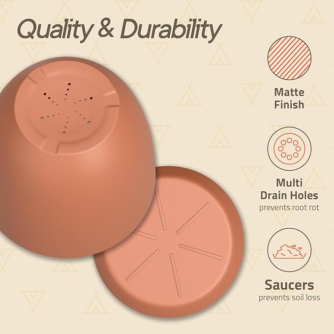 Planter Pots with Drainage Holes - Lightweight, Durable, and Space-Saving Pots for Indoor and Outdoor - Versatile Functionality, Simple Modern Design, Set of 20 Plastic Planter Pots - Terracotta