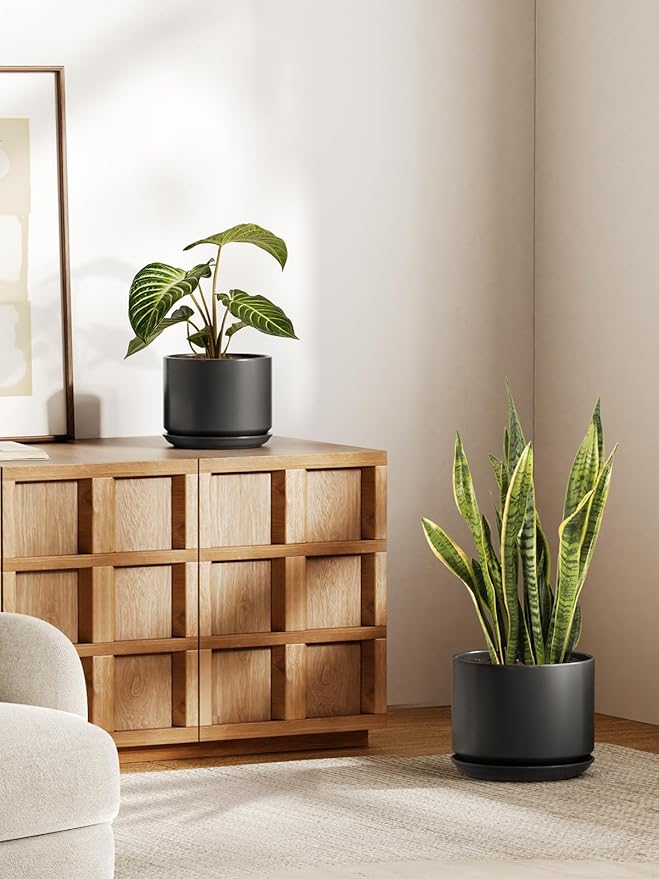 LE TAUCI Ceramic Pots for Plants, Set of 2, 10 + 12 Inch Plant Pot with Drainage Hole and Saucer, Durable & Stylish Planters for Indoor Plants, Elevate Your Home’s Aesthetic, Black