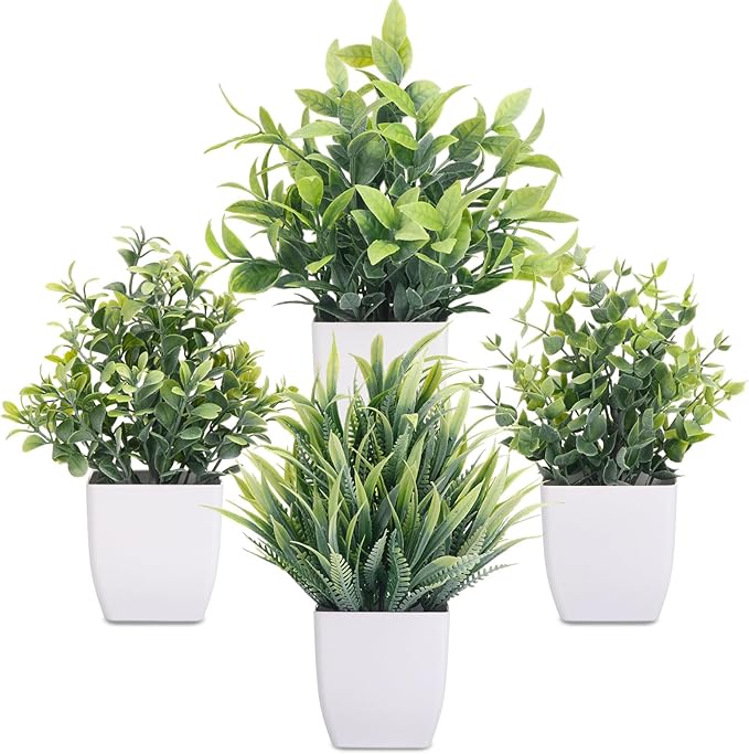 CEWOR Fake Plants 4 Packs Small Artificial Greenery Mini White Potted Plants Bathroom Accessories Decorations for Desk Bathroom Office Home Room Kitchen Table Indoor