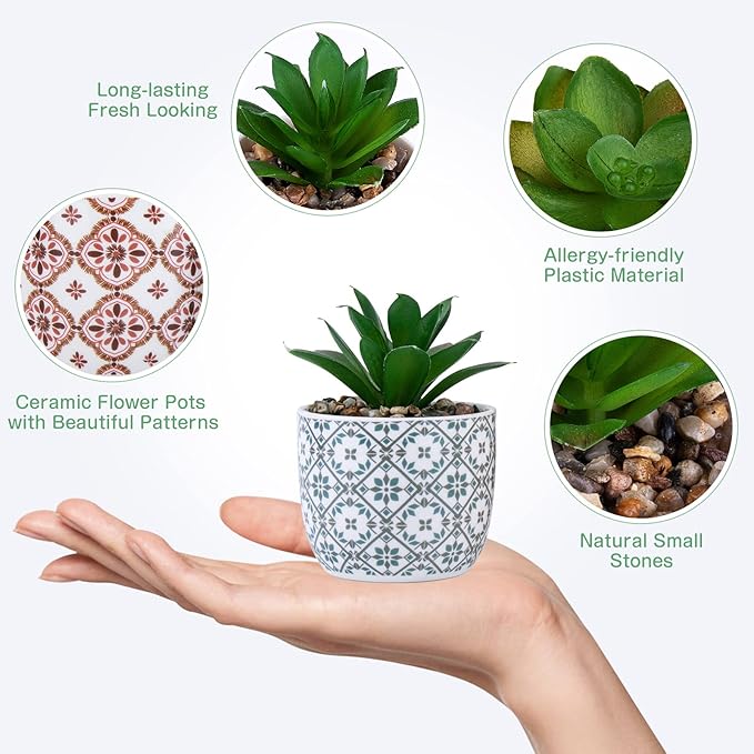 Artificial Plants Succulent Flowers in Ceramic Planter 2 Pack Small Fake Plants Potted for Home Office Desk Decor Farmhouse Living Room Bedroom Shelves Decoration