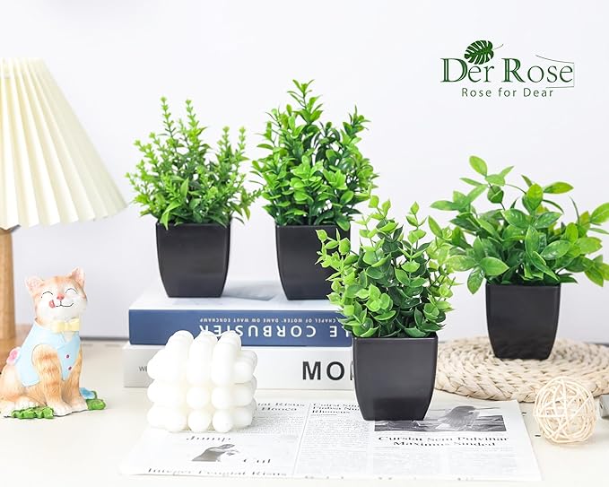 Der Rose Set of 4 Pack Small Fake Plants Mini Artificial Faux Plants Indoor for Bathroom Farmhouse Room Table Decor