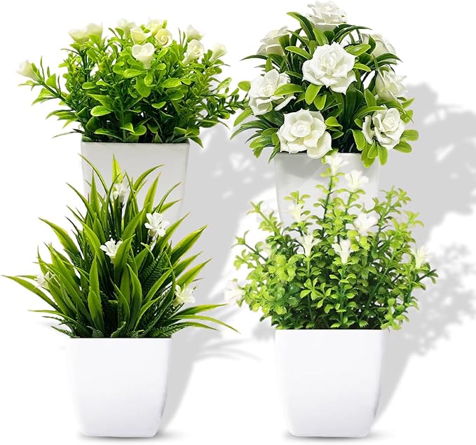 SZC&MFZ 4 PCS mini Artificial Potted Plants with Flowers, Perfect Fake Plants & Faux Potted Plants for Room Decor, Ideal for Home, Bathroom, Bedroom, Living Room, Kitchen and Office Decoration.