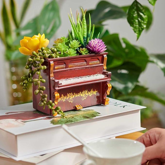 Piano Decorative Planter Plant Gift - Desk Decor Succulent Pot for Indoor Plants Piano Home Shelf Office Decor Small Flower Pot with Drainage