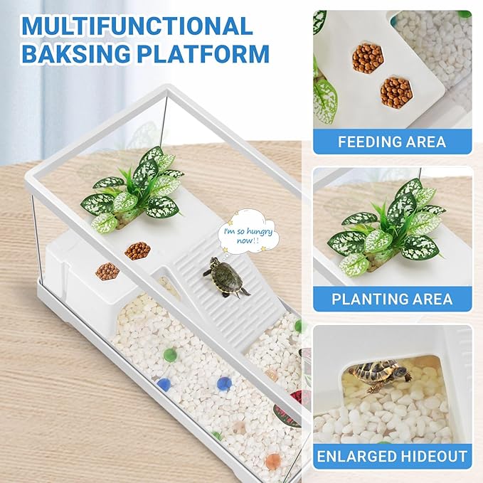 GOZILLA Turtle Tank, Upgrade PC Turtle Tank Starter Kit, Reptile Habitat with Lid, Basking Platform, Bottom Drainage for Turtles, Crabs, Shrimps and Other Small Reptiles. (15.75x7.9x9''/White)