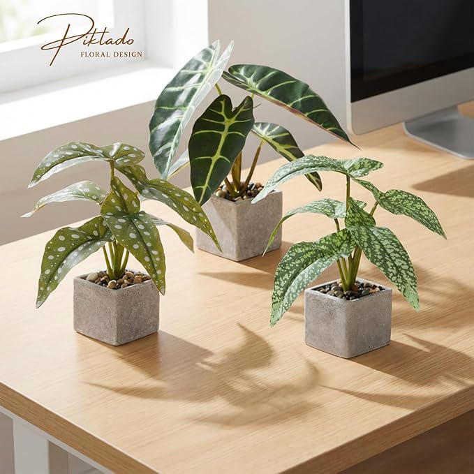 3pcs Small Fake Plants Artificial Begonia Leaves Faux Plants Indoor for Office Desk Shelf Bathroom Home Decor