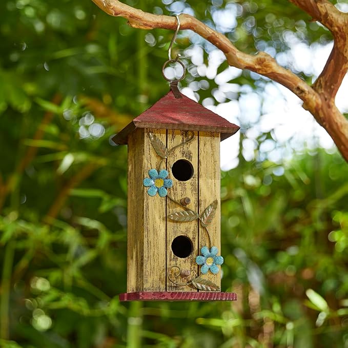 Glitzhome Bird houses for Outside,11.75"H Hand Painted Distressed Wooden Decorative Hanging Bird House for Outdoor Garden Birdhouse with 3D Metal Flower for Swallow Sparrow Hummingbird Finch Cardinals
