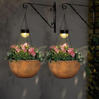 BAYN 2 Packs Solar Hanging Basket Planters for Plants Outdoor, Self Watering Bronze Flower Plants Pots with Solar Light Drainer for Balcony Patio Garden Outdoor Decoration