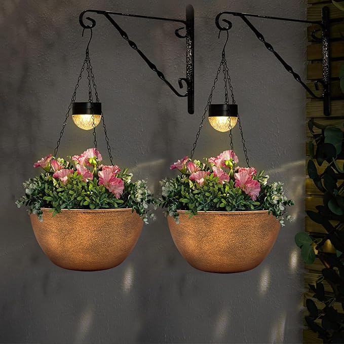 BAYN 2 Packs Solar Hanging Basket Planters for Plants Outdoor, Self Watering Bronze Flower Plants Pots with Solar Light Drainer for Balcony Patio Garden Outdoor Decoration