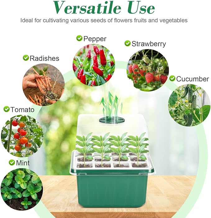 Mckanti 4 Set Self-Watering Seed Starter Tray Kits with Grow Light, Reusable Seed Germination Kit with Adjustable Humidity Domes and Silicone Cell Base Tray for Indoor Plant Seed Germination