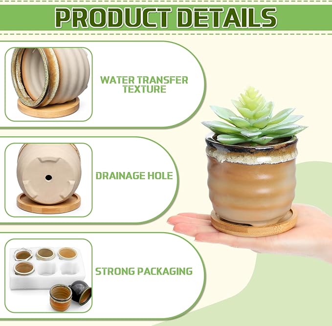 Remerry 6 Pcs Small Succulent Pots Bulk with Drainage Assorted 3.5 Inch Mini Ceramic Succulent Planters Pot with Coaster Bamboo Plant Tray Planting Pots for Home Office Garden