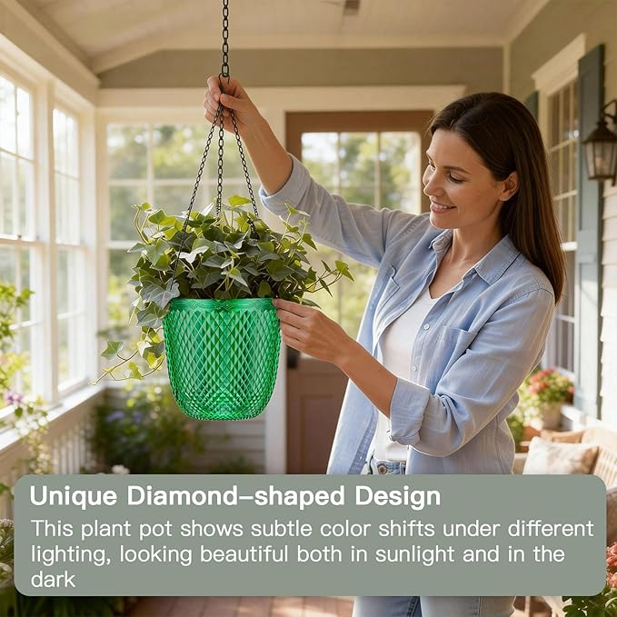 QCQHDU Self Watering Hanging Pots, 2 Pack 5.7 Inch Hanging Planters for Plants Indoor, Flower Pots with Drainage Holes and 3 Hooks Chains for Garden Home (Emerald)