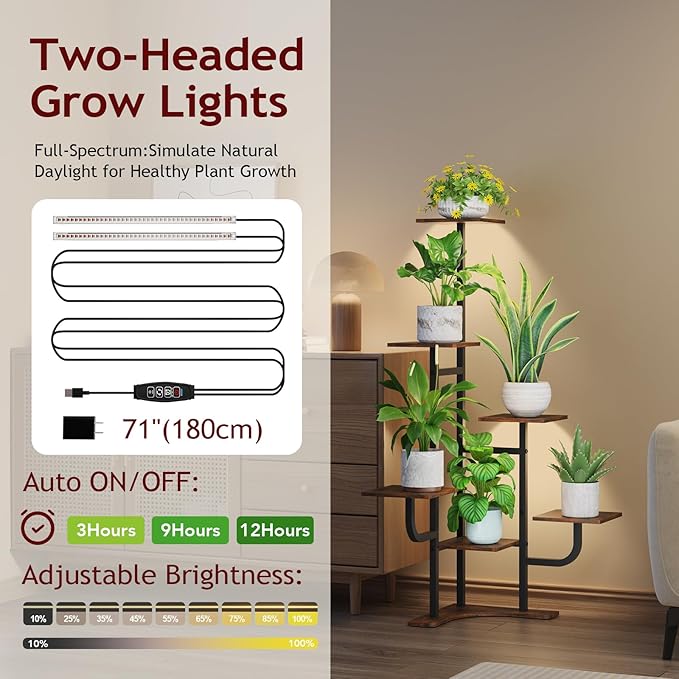 Homsorout Corner Plant Stand with Grow Light - 6 Tier Plant Stand Indoor Square Metal Plant Shelf with Adjustable Light, Plant Organizer for Living Room, Graden, Home Decor (Brown)