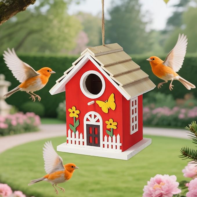 Wooden Bird Houses Bird House for Outside,Red Wood Bird House for Outdoors, Nesting Box with Sturdy Rope, Haing Bird Houses for Garden Blue Bird Hummingbird Wren Cardinal Swallow Sparrow Finch