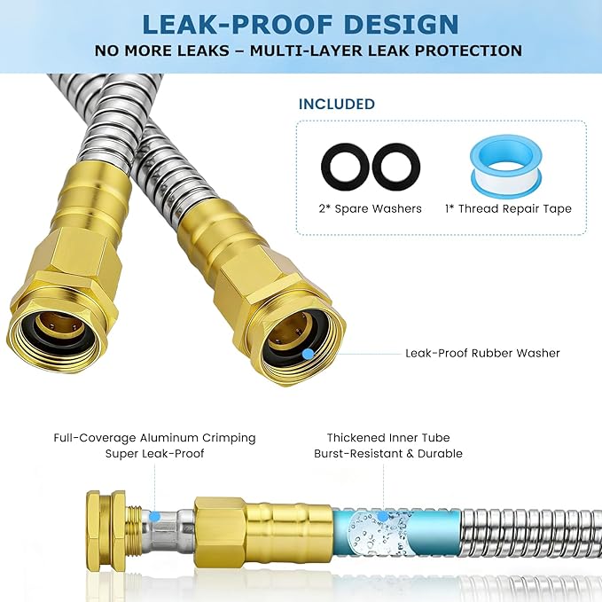 Short Stainless Steel Metal Garden Hose 3 ft, 3/4" Female to Female Solid Brass Connector, Small Leader Hose for Hose Reel, Durable, Flexible, Lightweight, Outdoor Water Hose Extension Adapter