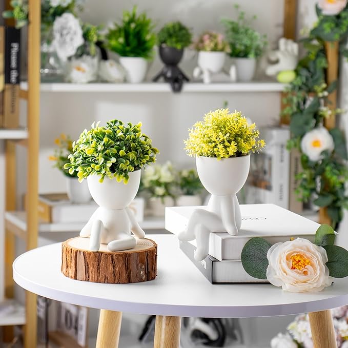 Zerzsy 4PCS Small Artificial Succulent Plants with Creative Human Shaped Pots, Fake Desk Plant Greenery Potted for Home Office Indoor Shelf Decoration (White)