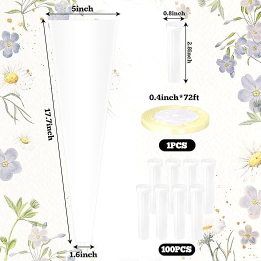 baotongle 50pcs Single Rose Sleeves with 50pcs Floral Water Tubes and Ribbons Single Flower Bags Plastic Flower Wrap for Mother's Day Wedding Birthday Supplies