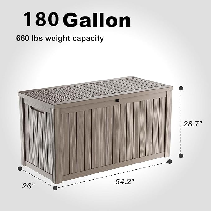 PatioZen 180 Gallon Resin Deck Box, Lockable Patio Outdoor Storage Box for Furniture, Garden Tools and Tools Storage, Waterproof Outside Storage Boxes - Grey