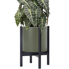 D'vine Dev Planter Pot with Stand - 10 Inch Plastic Cylinder Flower Pot with Wood Planter Holder for Indoor, Olive Pot + Ebony Stand, 55-C-N-3