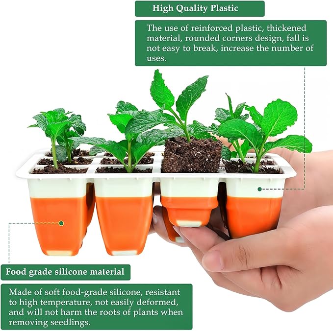 Seed Starter Tray, Reusable Seed Starter Kit, Silicone Seedling Starter Trays for Starting Plant Seeds, Seed Starting Trays with Flexible pop-Out Cells, Indoor Plant Germination Trays (Orange 10PCS)