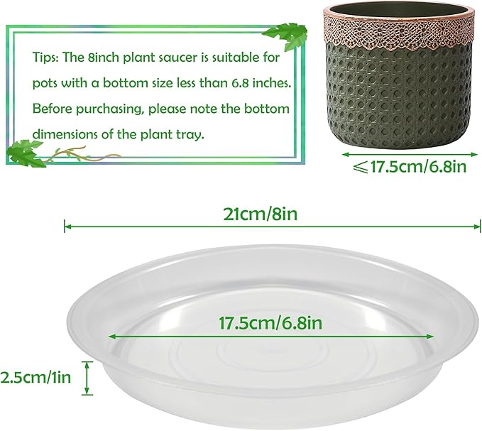 6 Pack 8 Inch Round Plant Saucers for Less 6.8 Inch Pot Indoors Outdoors Plant Trays for Pots Planter Saucer Plastic Plant Drip Tray Planter Water Tray for Potted Plants(Clear, 8"(6pcs))