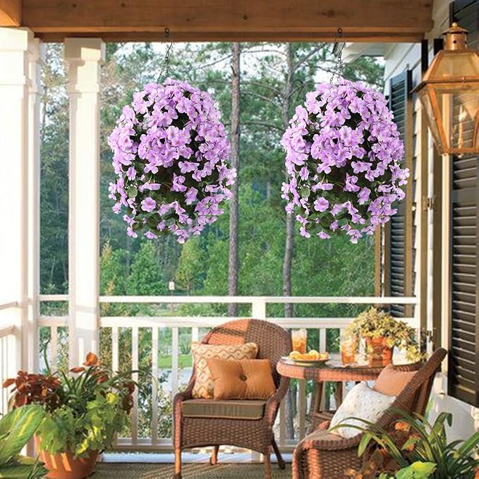 INQCMY Artificial Hanging Flowers with Basket for Outdoor Garden Spring Decoration,Faux Silk Begonia in Planter Look Real UV Resistant for Outside Home Porch Patio Balcony Yard Decor(Light Purple)