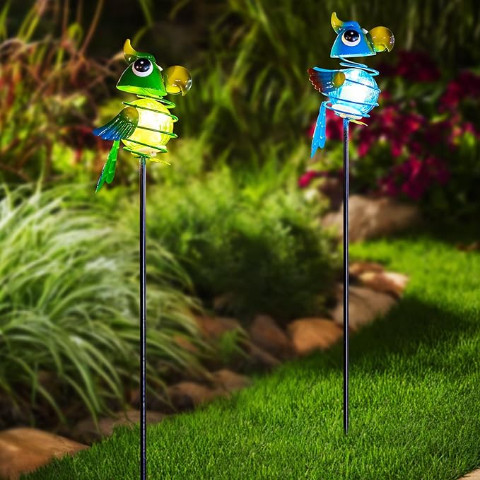 Birds Solar Garden Lights, 26" H Whimsical Decorative Solar Stake Light, 2 Pcs Outdoor Parrot Statues Figurine Lights for Garden Lawn Patio Yard Decoration