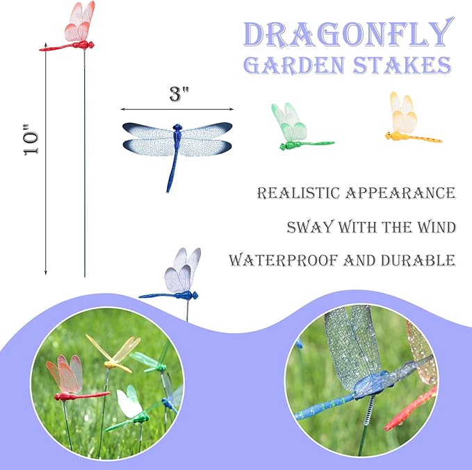 VGOODALL 24PCS Dragonfly Garden Stakes, Plastic Garden Decorations 4 Colors Dragonfly Ornaments for Indoor Outdoor Yard