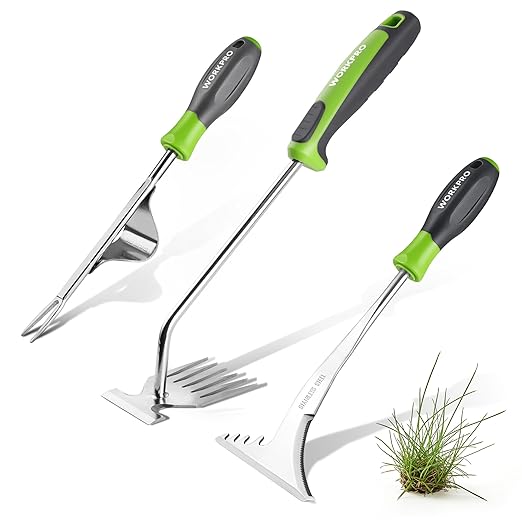 WORKPRO 3-Piece Weed Puller Tool Set – 15" 6-Tine Weed Remover, 12" Hand Weeder, 12.5" Crack Weeder, Stainless Steel with Ergonomic Handle for Lawn, Garden, Yard