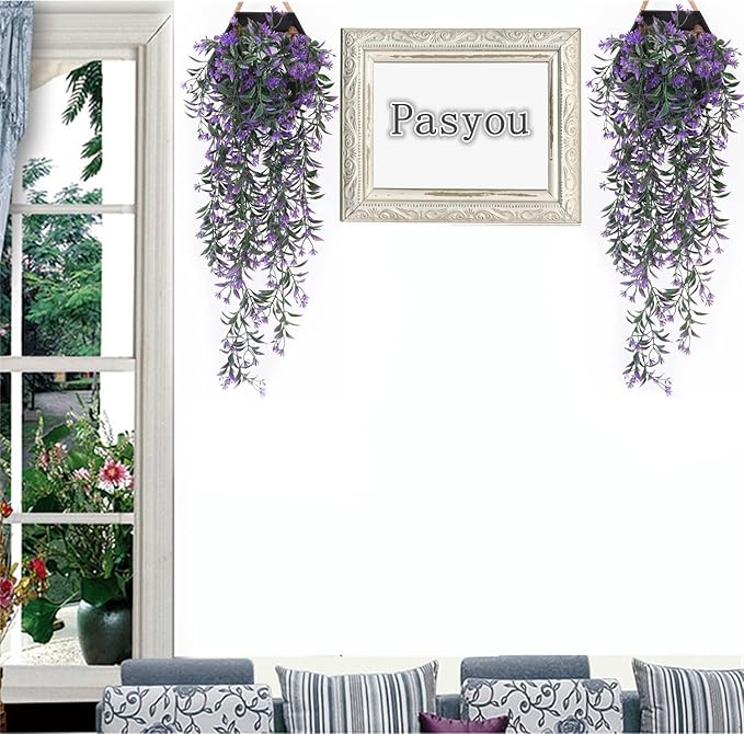 PASYOU Artificial Hanging Ivy, Vine Plastic Plants Grass Leaves Foliage Vines, UV Resistant Greenery Fake Flowers for Home Indoor Outdoor Garden Door Wall Wedding Party DIY Decoration - Purple 4 Pack