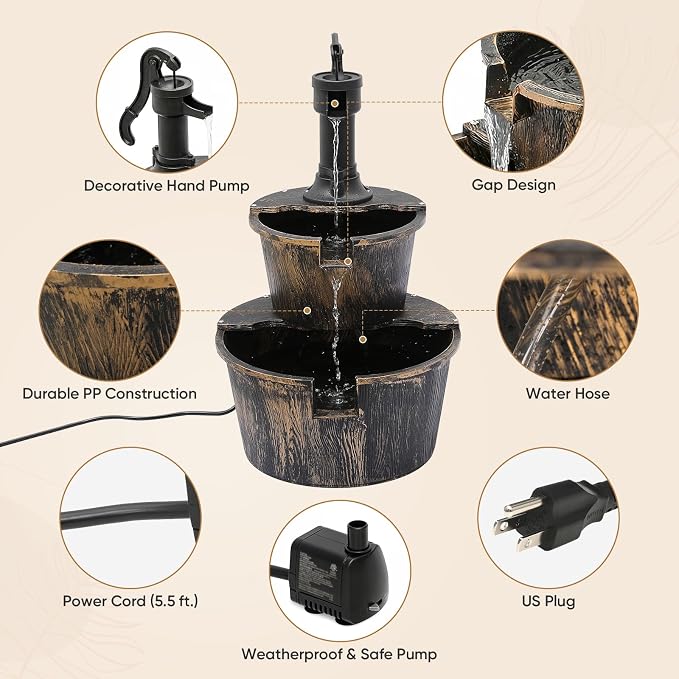 Magshion 27" Tall Outdoor Barrel Pump Water Fountain, 2-Tier Soothing Cascading Waterfall Feature with Electric Recirculating Pump, Garden Decor for Outside Patio, Yard, Porch or Landscape, Bronze