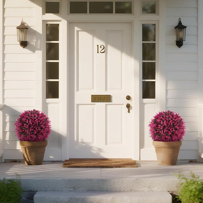 Artificial Pink Eucalyptus Topiary Ball Trees with Ground Spike, Set of 2 UV Resistant Artificial Shrubs, Fake Evergreen Artificial Plant Bushes for Indoor Outdoor Front Porch Garden